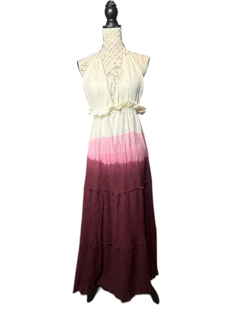 Earthbound Trading Tie-Dye Halter Maxi Dress in Cream, Pink & Burgundy Size L